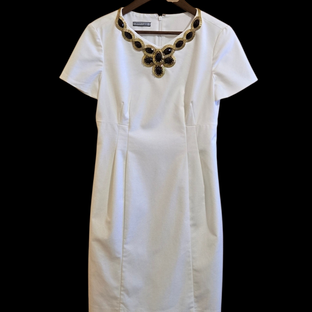Anne Klein Women's Pencil‎ Dress SZ 4 White Lined Beaded Necklace Shortsleeve
